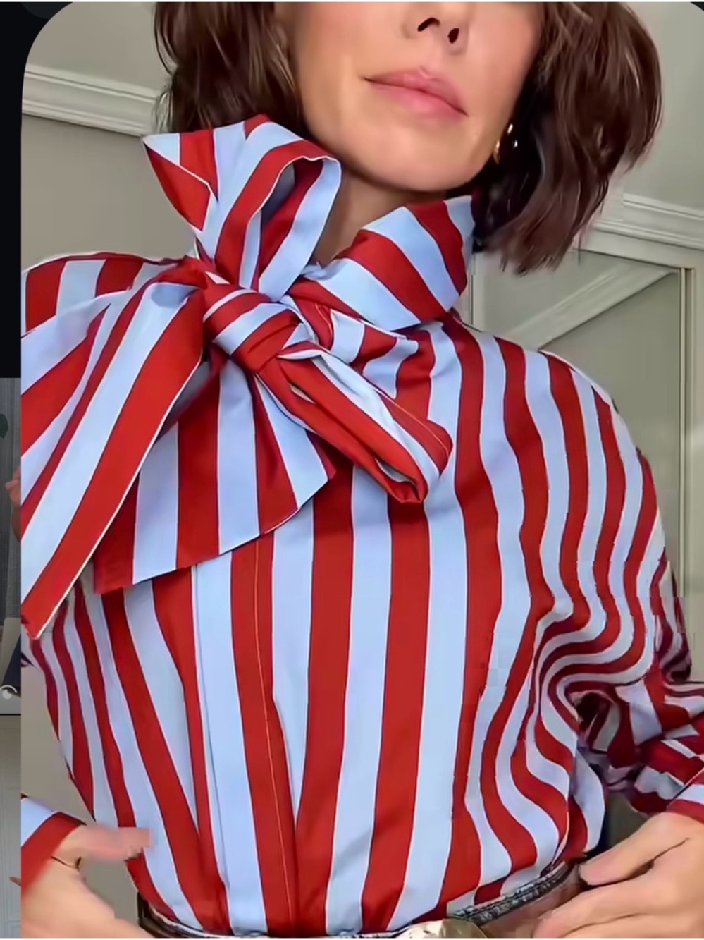 Zara Red & Light Blue Striped Bow-Tie Blouse